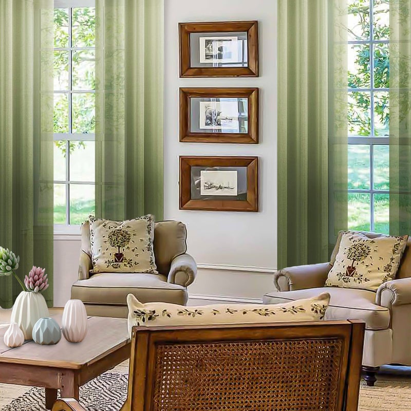 DWCN Faux Linen Ombre Sheer Curtains - Gradient Semi Voile Grommet Top Window Curtains for Bedroom and Living Room, Set of 2 Panels, 52 x 84 Inches Long, Olive Green - Image 2